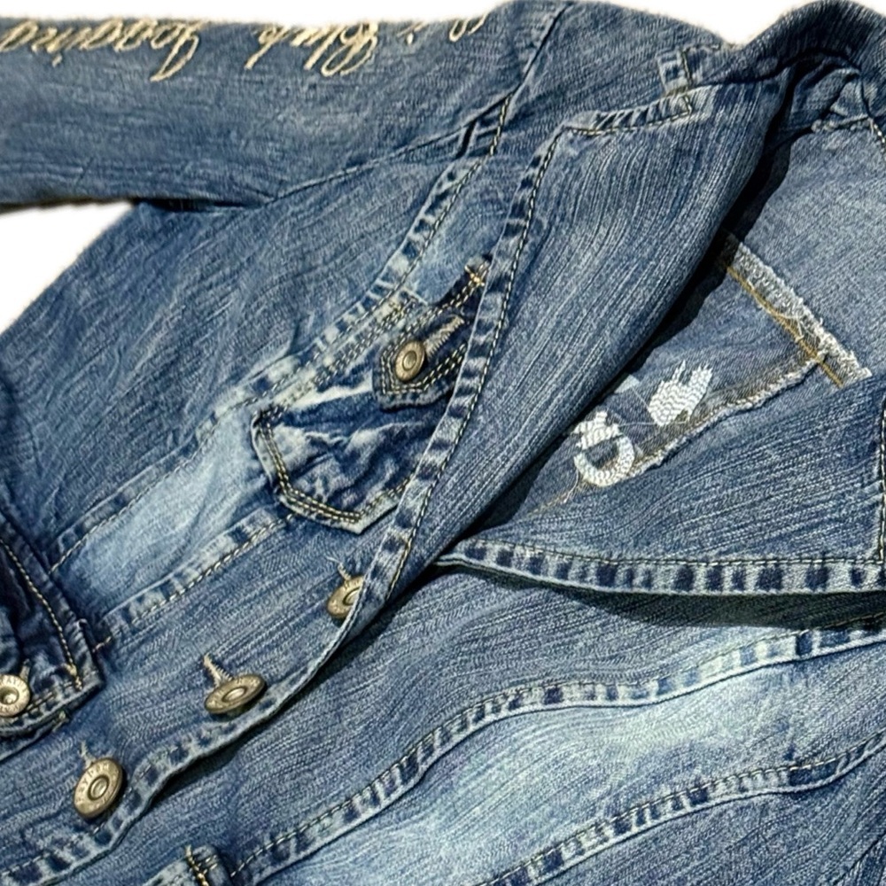 🧥🕺 RAYBAN x LUJ Y2K‎ Blue Denim Jean Jacket | EU Club Scene Sz 4 - Picture 9 of 12